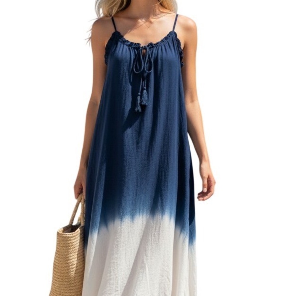 Knox Rose NWT Navy Blue White Ombre Dip Dye Maxi Dress Tassel Tie